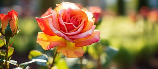 Aufkleber - Vibrant orange and pink rose illuminated by sunlight with soft greens in the background highlighting its delicate petals and natural beauty.
