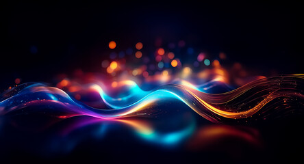 Poster - Vibrant abstract background with dynamic waves of colorful light. Flowing, glowing lines create movement and energy against a dark backdrop, with soft bokeh lights adding depth.