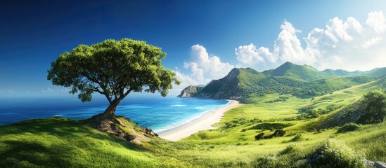 Aufkleber - Vibrant panorama of a lush green hill with a majestic mountain backdrop under a clear blue sky, featuring a tranquil beach and solitary tree.