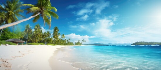 Aufkleber - Tropical beach with vibrant blue water and palm trees on the left side, sandy shore in foreground, lush greenery and distant islands on horizon.