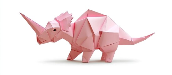 Poster - Pink origami triceratops positioned centrally on a clean white background showcasing intricate folds and geometric shapes in paper craft design.