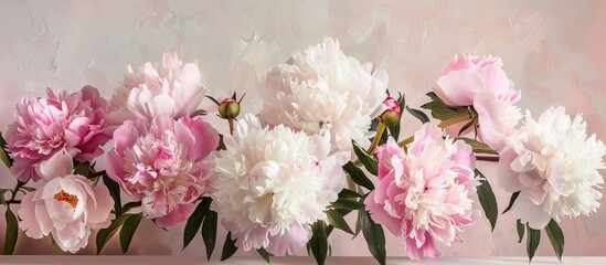 Aufkleber - Pink and white peonies elegantly arranged with lush green leaves on a soft light background offering ample copy space for text insertion