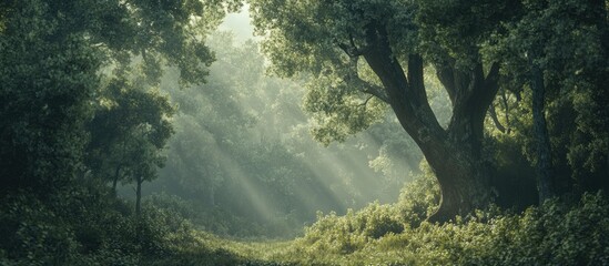 Fototapete - Panoramic view of a lush green deciduous forest with sunlight filtering through the trees creating a serene and tranquil atmosphere