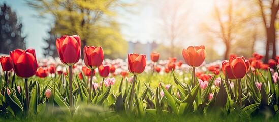 Poster - Vibrant garden scene featuring bright red tulips in focus, lush green grass, and warm sunlight filtering through trees in a spring setting.