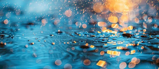 Aufkleber - Realistic rain effect overlays with shimmering droplets on a blurred blue water background featuring golden light reflections and gentle ripples.