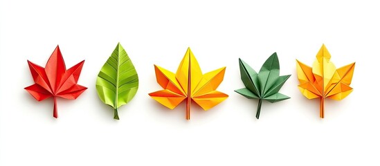 Poster - Colorful origami leaves in red, yellow, green, and light green arranged in a line on a clean white background promoting autumn vibes.