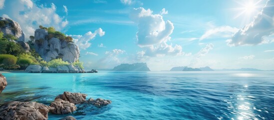 Poster - Serene coastal landscape featuring turquoise water and rocky shorelines against a clear blue sky with fluffy white clouds ideal for tourism visuals