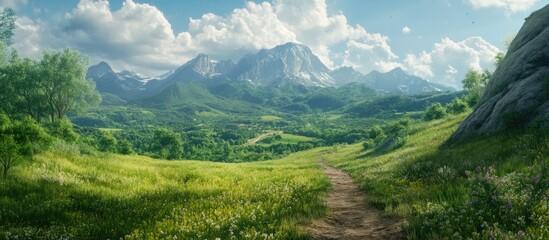 Aufkleber - Scenic summer landscape featuring a winding dirt path through lush green hills under a bright blue sky with fluffy white clouds and distant mountains