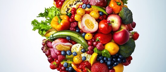 Poster - Vibrant assortment of fresh fruits including bananas, apples, berries, and citrus arranged artistically against a light background showcasing vivid colors.