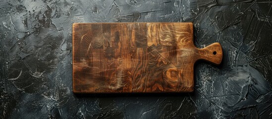 Aufkleber - Rectangular wooden cutting board positioned centrally with a handle against a dark concrete background featuring textured surface and natural grain.