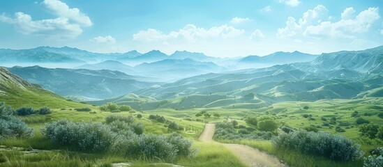 Poster - Serene landscape featuring rolling green hills under a bright blue sky with fluffy white clouds and a winding dirt path leading through the meadow.