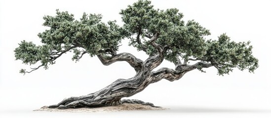 Aufkleber - Graceful twisted tree with textured bark and lush green leaves set prominently against a clean white background showcasing natural beauty and elegance.