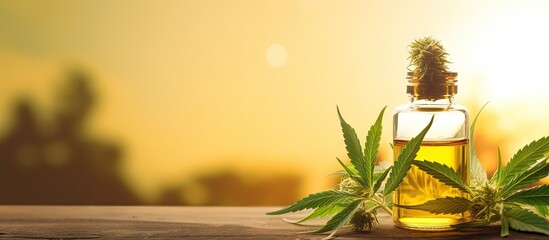 Leinwandbilder - Autumn sunset with warm orange hues highlighting a glass bottle of CBD oil, surrounded by green cannabis leaves, on a wooden table.