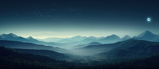 Aufkleber - Serene summer night mountain landscape with rolling hills in cool blue tones under a full moon illuminating distant ridges and valleys.