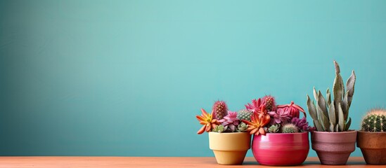 Aufkleber - Colorful indoor decor featuring decorative cacti in vibrant pots on a wooden table against a turquoise wall with ample copy space to the right