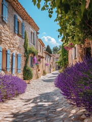 Poster - Charming cobblestone street lined with lavender in a quaint village under a clear blue sky. Generative AI