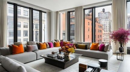 Aufkleber - A cozy living room featuring a stylish gray sofa adorned with colorful throw pillows, placed next to a modern coffee table and large windows letting in natural light.