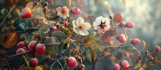 Leinwandbilder - Delicate white and pink flowers among lush green foliage with vibrant red berries softly illuminated by warm sunlight in a serene garden setting.