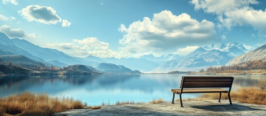 Aufkleber - Serene lake view from a deserted shore with an empty wooden bench foreground tranquil mountains in the background under a blue sky with soft clouds