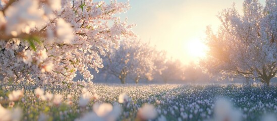 Poster - Blooming almond trees with soft pink flowers in a lush field under a bright blue sky at sunrise, creating a serene springtime atmosphere.