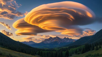 Wall Mural - Dramatic sunset with swirling lenticular clouds over mountain range and lush green valley. Stunning natural phenomenon and landscape concept