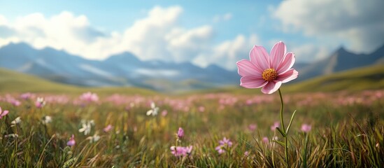 Poster - Vibrant pink cosmos flower prominently blooming in a green grassy field under a bright blue sky with distant mountains in soft focus background