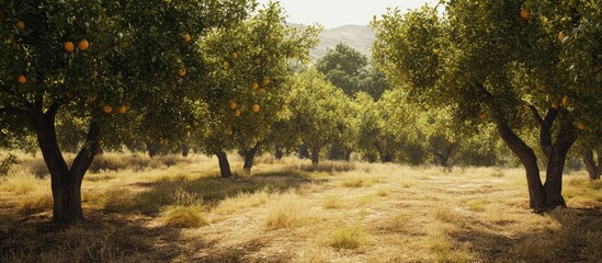 Leinwandbilder - Lush orange orchard featuring vibrant green trees laden with ripe oranges, set against a sunlit backdrop with golden grasses underfoot.