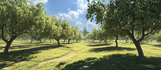Aufkleber - Lush green apple orchard under a bright blue sky with fluffy white clouds casting soft shadows on the manicured grass path through the trees.