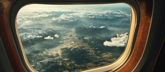 Aufkleber - Serene aerial view through cabin window showcasing vast green landscapes, fluffy clouds, and distant mountains under a warm golden sunlight.