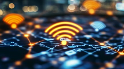 Leinwandbilder - A dynamic image of a Wi-Fi network diagram on a digital tablet, with various devices connected, emphasizing the importance of network management.