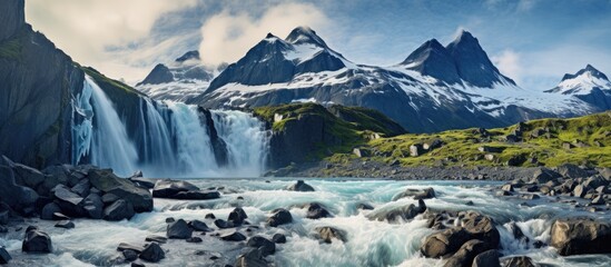 Aufkleber - Majestic waterfall cascading from melting glacier in rocky mountains under bright blue sky with green hills and boulders in foreground