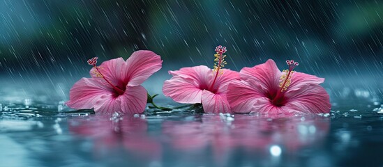 Fototapete - Pink hibiscus flowers float on water with raindrops cascading down, creating a serene atmosphere; vibrant pink against tranquil blue-gray hues.