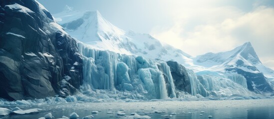 Aufkleber - Majestic melting glacier cascading into a serene lake with rocky mountains in the background under a clear blue sky highlighting nature's beauty