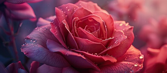 Aufkleber - Macro shot of a vibrant pink rose showcasing intricate details and dewdrops, with a blurred green background for a serene, soft-focus effect.