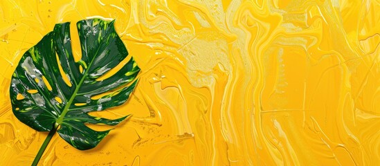 Aufkleber - Vibrant yellow textured background with a single green monstera leaf positioned in the lower left corner creating a tropical and artistic mood.