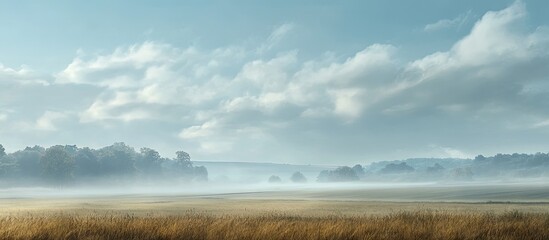 Leinwandbilder - Serene misty landscape under a bright midday sky featuring soft clouds and golden grassy fields in the foreground with distant trees on the horizon.