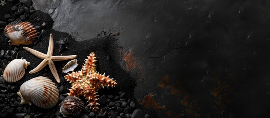Poster - Abstract arrangement of seashells and starfish on dark textured background with copy space highlighting nature's marine ecology themes.