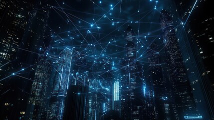 Night cityscape, network connections, futuristic city, digital overlay, technology