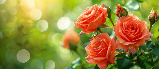Aufkleber - Vibrant orange roses in full bloom against a lush green background with blurred bokeh effect creating a serene atmosphere for copy space