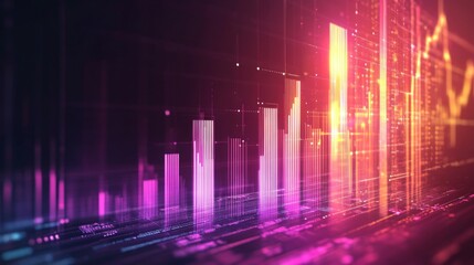 Leinwandbilder - A futuristic D bar chart with illuminated bars in various heights, highlighting business growth data in a digital finance environment.