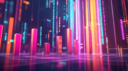 Leinwandbilder - A futuristic financial D bar graph showing rising bars in bright colors, floating against a digital grid background with financial symbols.