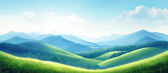 Poster - Vibrant rolling hills under a warm summer sky with bright green grass in the foreground and soft blue mountains in the background creating depth.