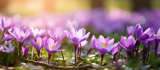 Poster - Vibrant spring garden scene with clusters of delicate purple Jeffersonia flowers in soft sunlight creating a serene atmosphere with abundant green foliage.