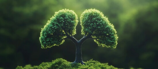Poster - Lung-shaped tree with lush green foliage centered in a soft-focus natural background symbolizing fresh air and environmental health.