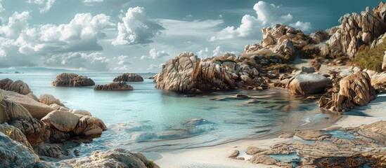 Aufkleber - Tranquil bay scene with rocky shoreline in soft turquoise and blue shades, clouds above, calm water reflecting vibrant hues, perfect for copy space.