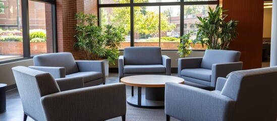 Poster - Modern lounge area featuring four gray upholstered armchairs arranged around a circular wooden table, bathed in natural light from large windows.