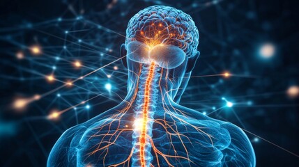 Poster - A medical illustration of the human nervous system, highlighting the brain, spinal cord, and nerve pathways in an intricate, detailed design.