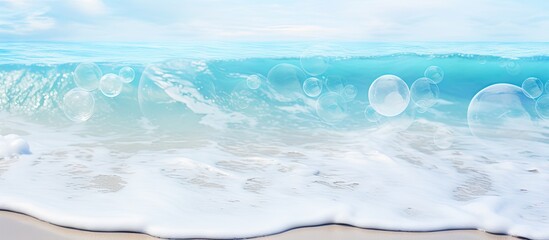 Aufkleber - Tranquil beach scene with gentle waves and bubbles in soft turquoise and white colors creating ample space for text in the foreground.