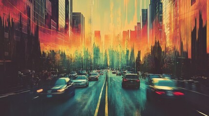 Poster - Busy urban road filled with vehicles surrounded by colorful abstract sound wave visualization. Generative AI