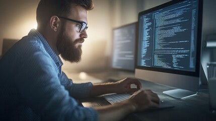 Focused Programmer Working Late on Computer Code